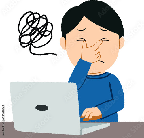 目の疲れを感じる男性のイラスト 