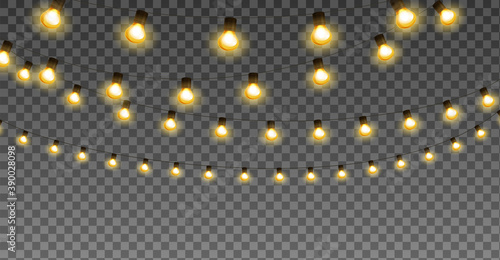 Shining light bulb garland, isolated vector decoration. String of golden Christmas lights. Illuminated holiday border, lamps frame. For wedding or birthday cards, New Year banners, party posters.