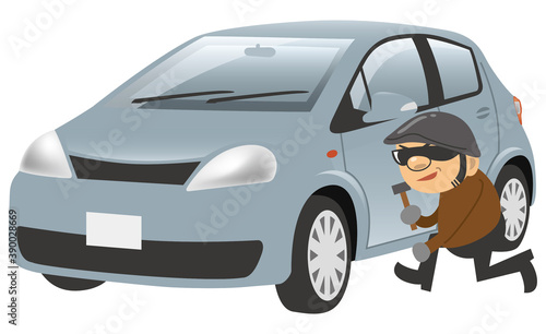 自動車盗難をしている泥棒のイメージイラスト（前斜め向き）