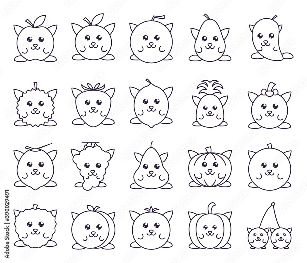 Set fruits icon cute character with line style Set fruits icon cute character with line style