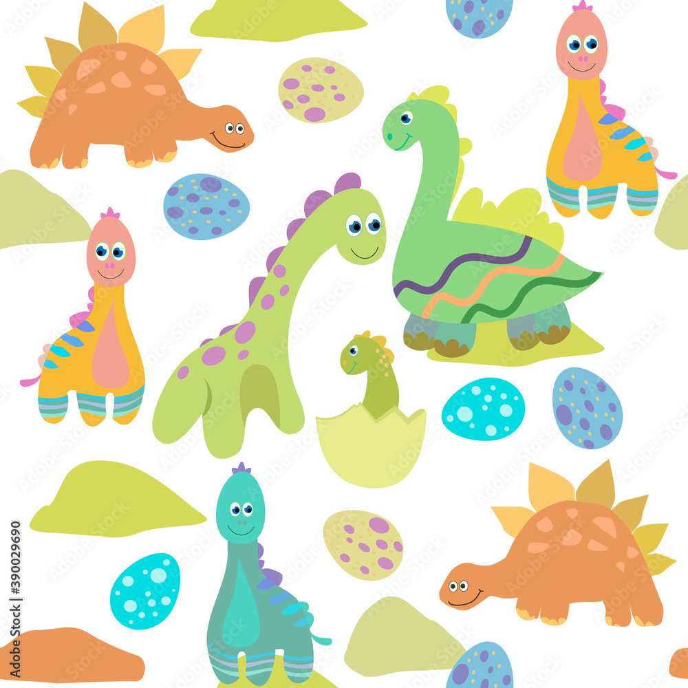 Cute childish illustration with dinosaurs, seamless pattern for printing on textiles and paper