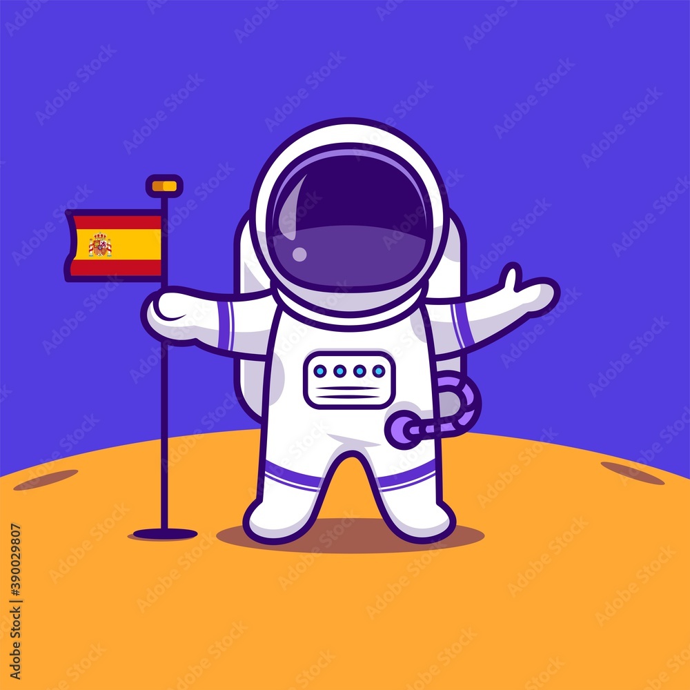 astronauts landing on the moon carrying the spanish flag, products, etc.