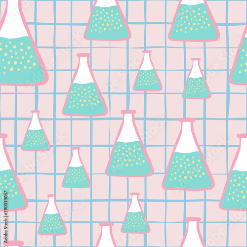 College chemical seamless random pattern with blue medicine flask ornament. Light pink chequered background. Decorative backdrop for wallpaper, textile, wrapping, fabric print. Vector illustration.