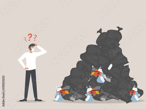 Increased plastic pollution due to COVID-19 pandemic concept, a man confused looking at the pile of plastic waste.
