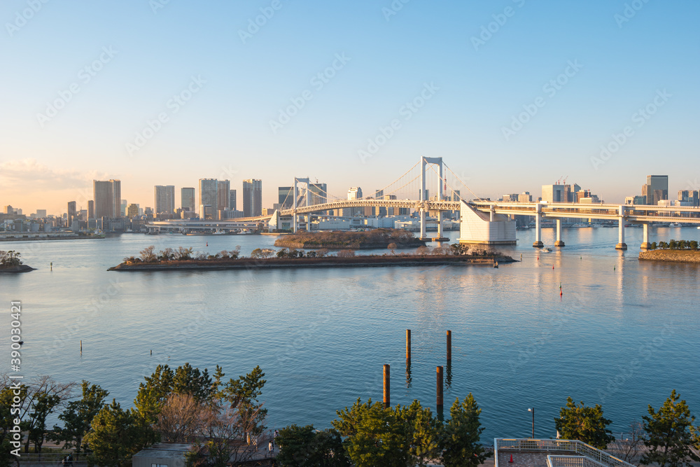 Rainbow Bridge with view of Tokyo Bay and city skyline in Tokyo city, Japan