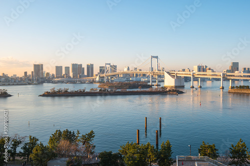 Fotografie, Obraz Rainbow Bridge with view of Tokyo Bay and city skyline in Tokyo city, Japan