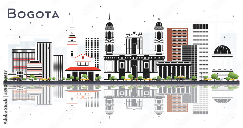 Bogota Colombia City Skyline with Gray Buildings and Reflections Isolated on White.