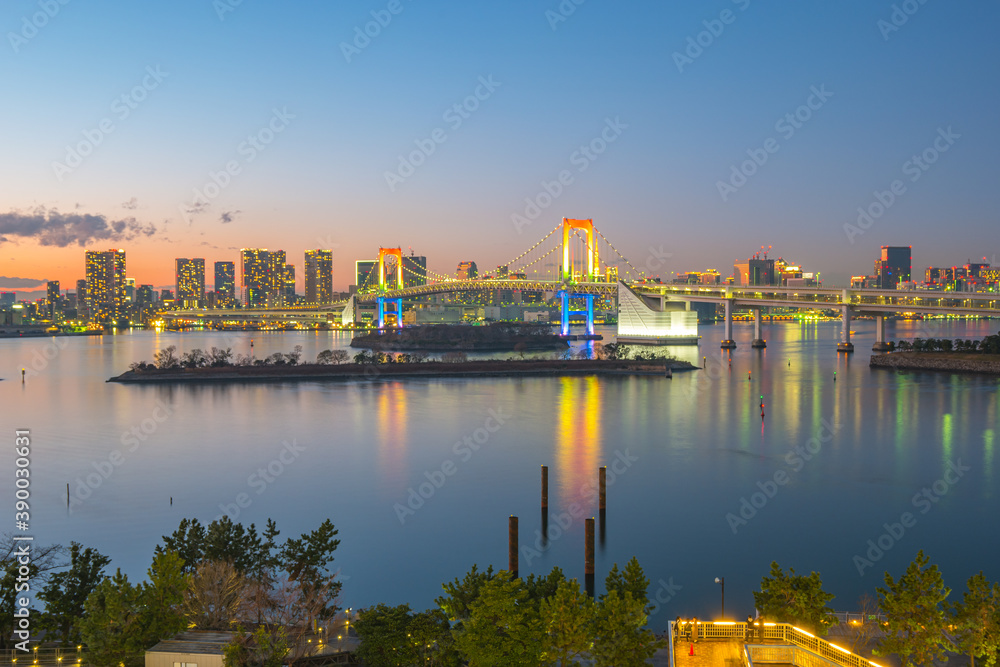 Panorama view of Tokyo Bay at night in Tokyo city, Japan