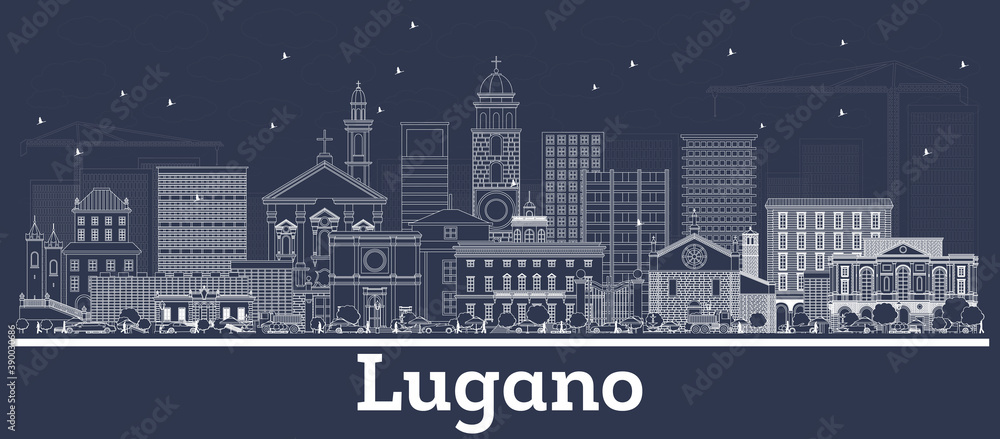 Outline Lugano Switzerland City Skyline with White Buildings.