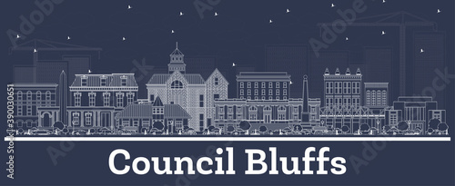 Outline Council Bluffs Iowa Skyline with White Buildings.