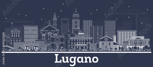 Outline Lugano Switzerland City Skyline with White Buildings.