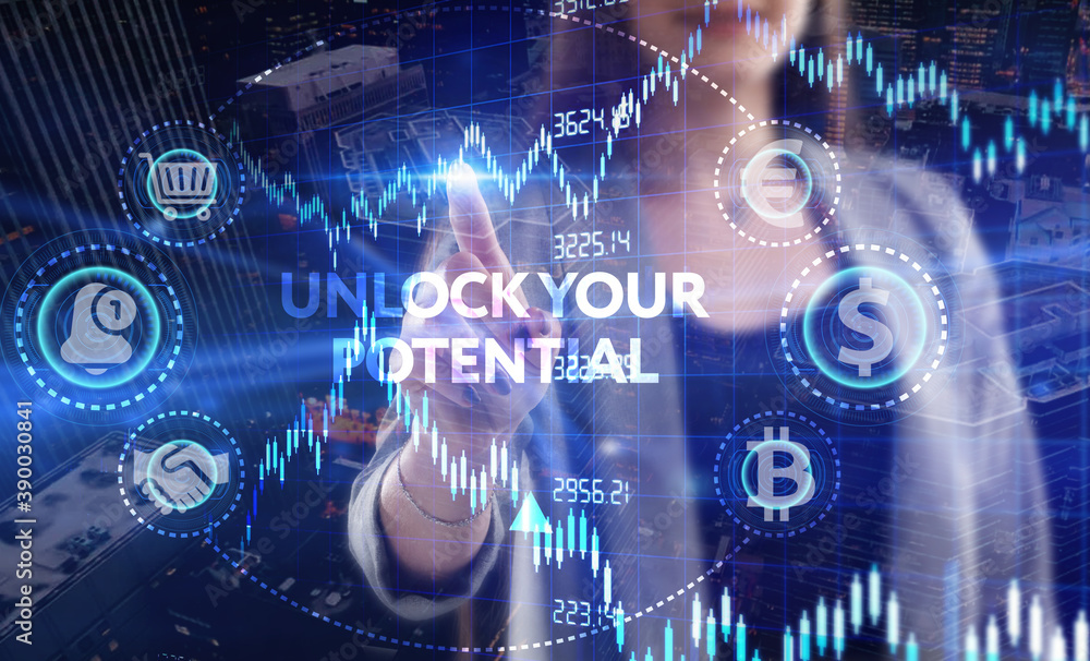 Business, Technology, Internet and network concept. Young businessman working on a virtual screen of the future and sees the inscription: Unlock your potential Business, Technology, Internet and network concept. Young businessman working on a virtual screen of the future and sees the inscription: Unlock your potential