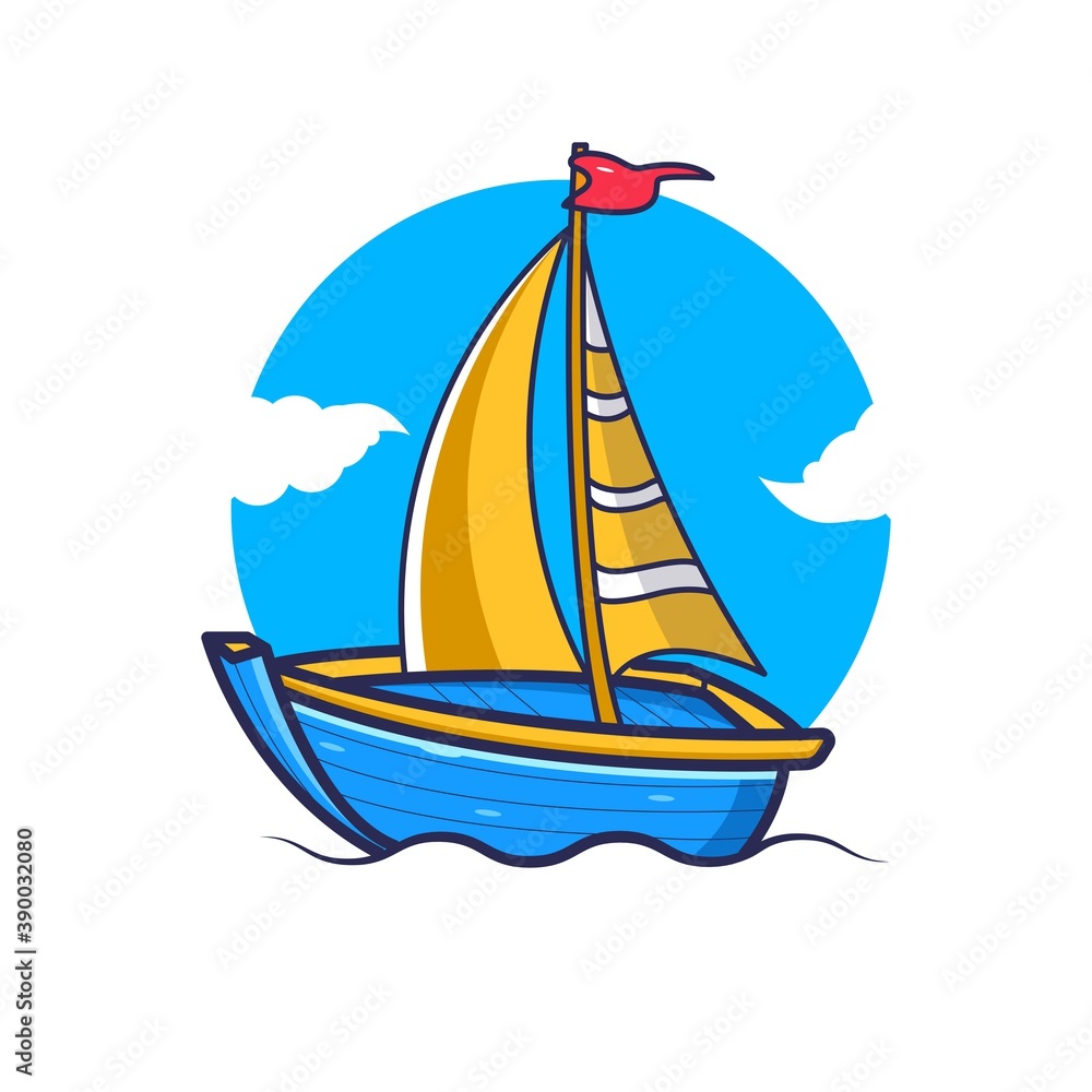 Two-wing sailing boat, flying flags and bright clouds, premium icon illustration, eps 10, suitable for stickers, t-shirts, key chains, products, etc.