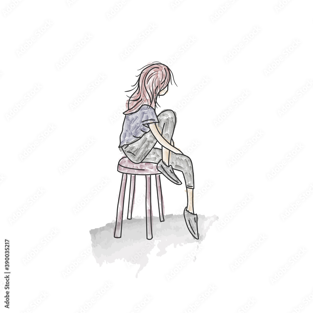Lonely girl sitting on the chair isolated and depressed. Watercolor sketch