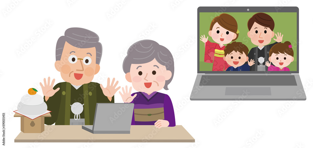 オンラインお正月　ノートPCでテレビ電話する祖父母と家族1　イラスト
