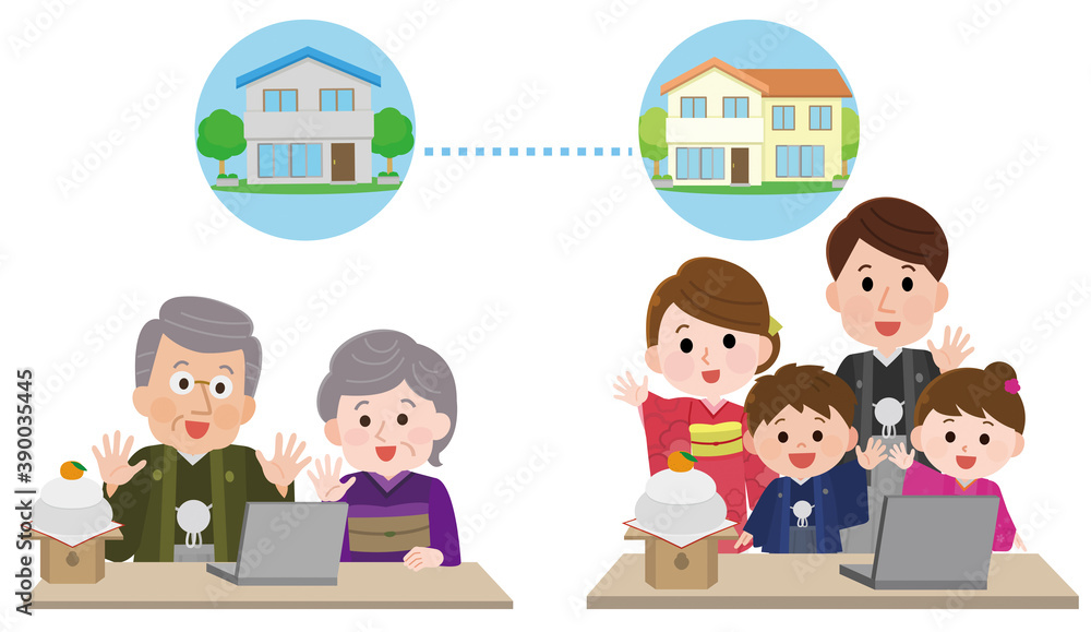 オンラインお正月　ノートPCでテレビ電話する祖父母と家族4　イラスト