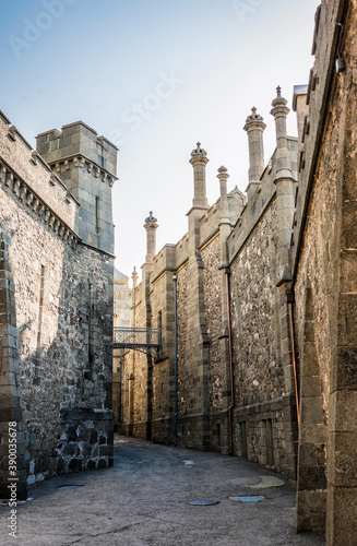 View of the inner street with towers of the Vorontsov Palace on the background of the Eastern minarets. The Palace was built in Moorish style in the 19th century