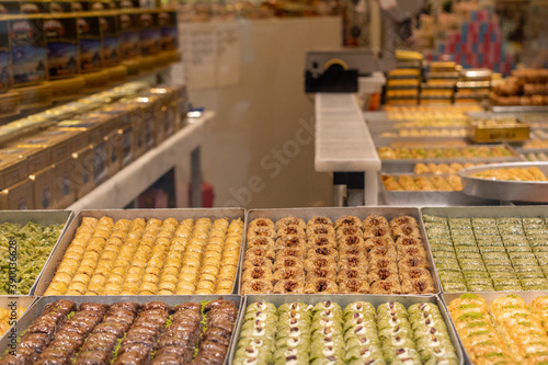 Shop window with traditional Turkish sweets. Turkish delight dessert