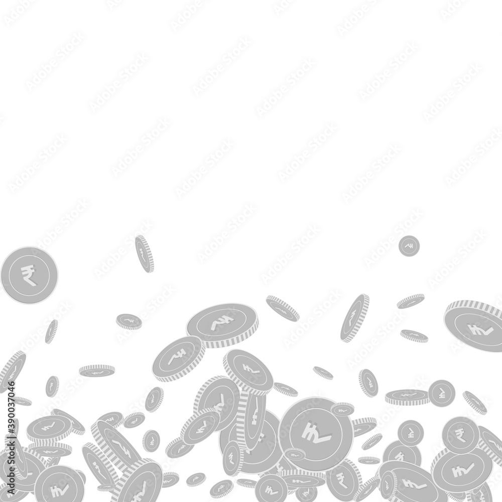 Indian rupee coins falling. Scattered black and wh Indian rupee coins falling. Scattered black and wh