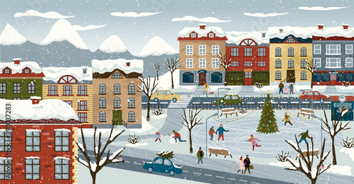 Winter and christmas holiday city landscape. Vector illustration of cute scandinavian town with ice skating rink. Family with kids playing snow on a street. Winter season background poster