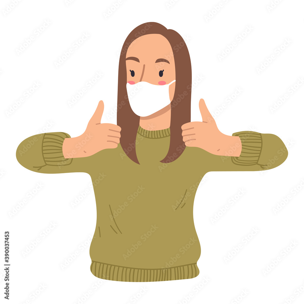 Young woman showing thumbs up,like with face mask to protect against the virus isolated on white background. Brown hair,green t-shirt. Vector hand drawn illustratrion. Cartoon style,flat design. Young woman showing thumbs up,like with face mask to protect against the virus isolated on white background. Brown hair,green t-shirt. Vector hand drawn illustratrion. Cartoon style,flat design.