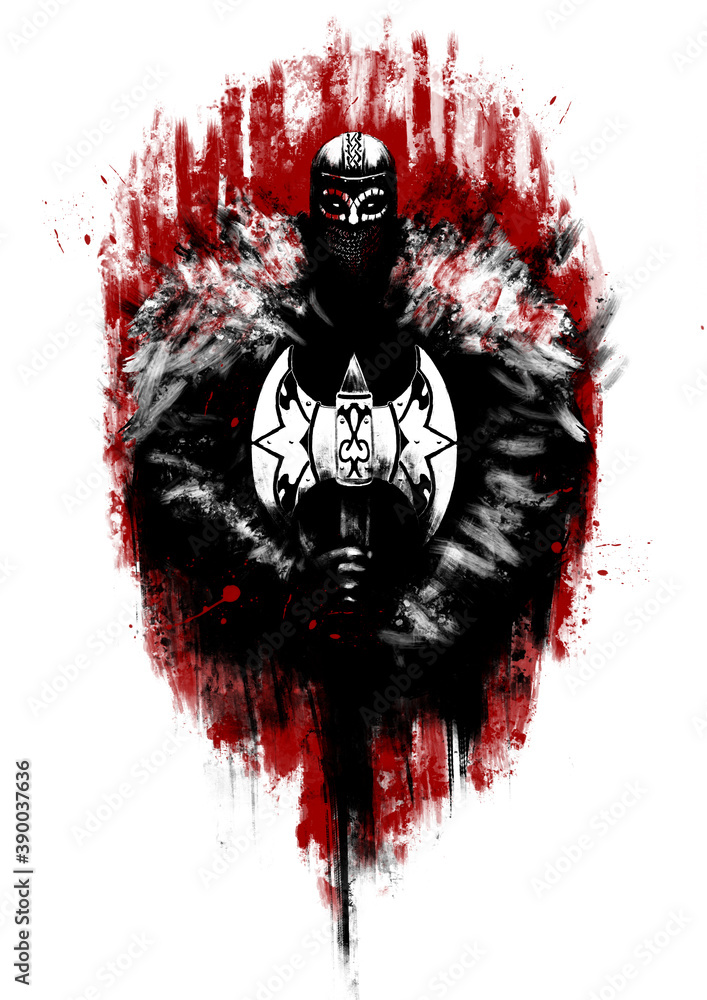 Φωτογραφία An armored viking in a helmet and chain mail mask, with fur on his shoulders, holds a decorated two-handed ax against the background of the bloody sun