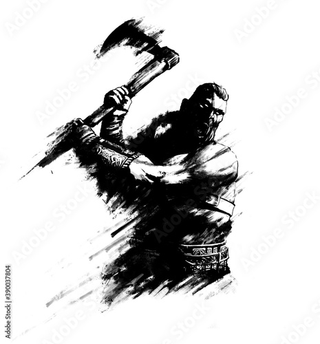 Foto an angry bearded berserker screams like a beast and rushes into battle with an ax in his hands
