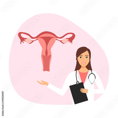 Doctor explaining on uterus structure and woman disease concept vector illustration on white background. Female gynecology internal organ flat design.
