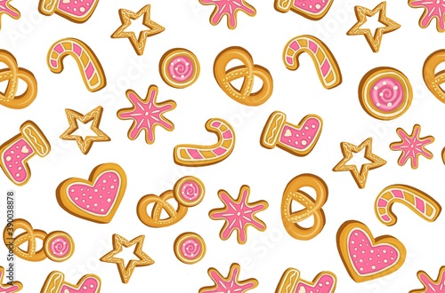 Winter seamless patterns with gingerbread cookies. Awesome holiday background. Christmas repeating texture for surface design, wallpapers, fabrics, wrapping paper etc. Vector illustration