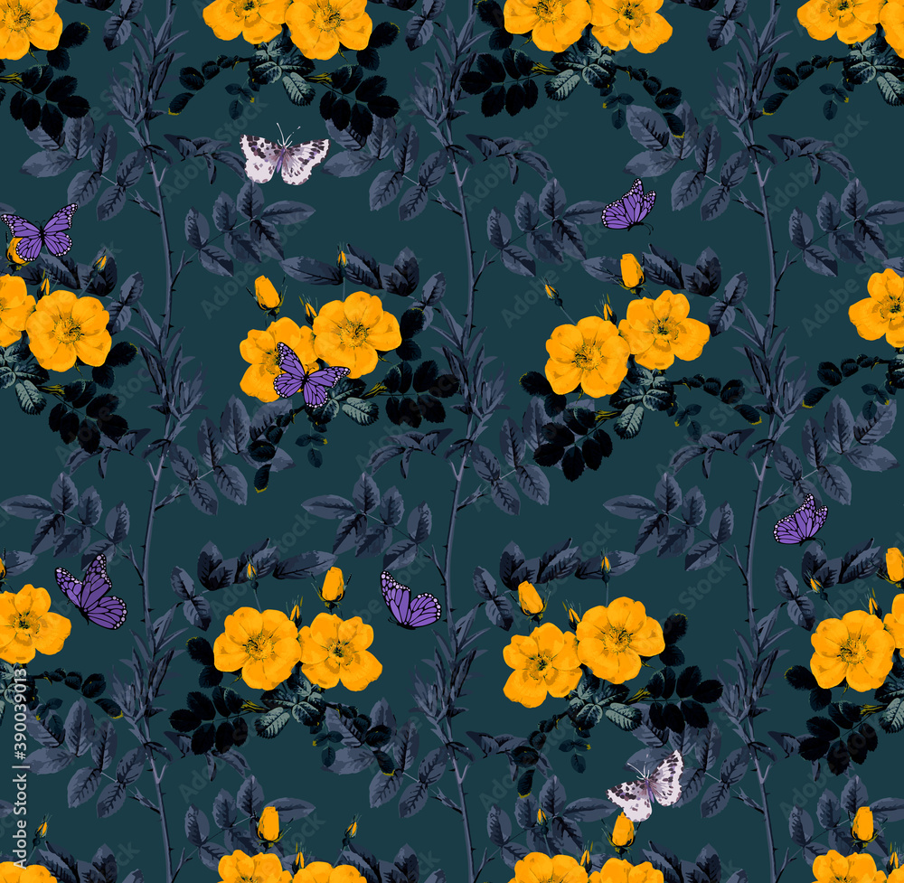 Obraz premium Botanical Leaves Flowers and Butterflies Seamless Pattern Floral Garden Concept Trendy Fashion Colors Elegant Design