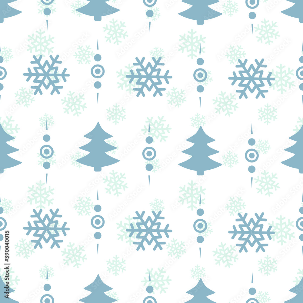 Vector seamless pattern with snowflakes and Christmas trees; for wrapping paper, greeting cards.