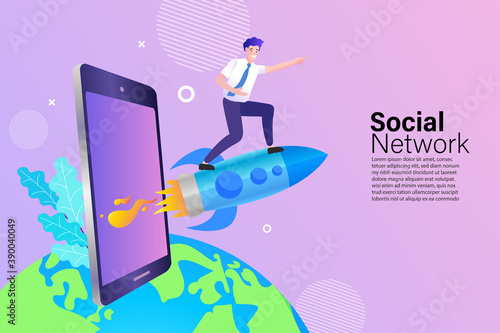 happy man celebrating successful start of the rocket. Technologic gadgets design. Create your world. Flat vector illustration.
