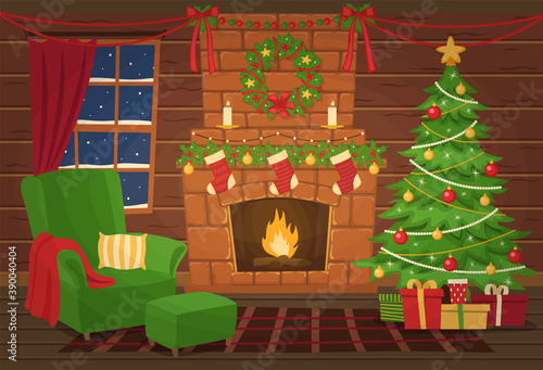 Christmas interior. Decoration. Armchair and christmas tree near the fireplace.