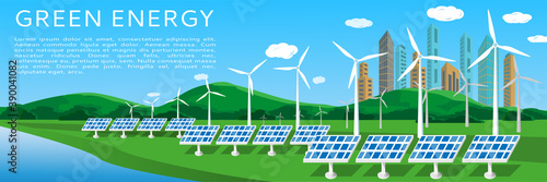 Green energy banner with solar panels and wind turbines on the background of the cityscape and summer landscape. Renewable, alternative energy sources. Vector illustration, place for text
