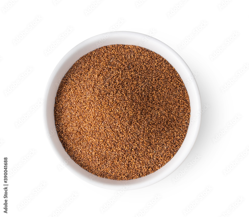 Brown Teff Grain in white bowl isolated on white background Brown Teff Grain in white bowl isolated on white background