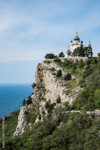 Orthodox Church of the Resurrection built at an altitude of 412 meters over the village of Foros in 1892 on the Red Rock cliff. Monument of Russian architecture of the late XIX century