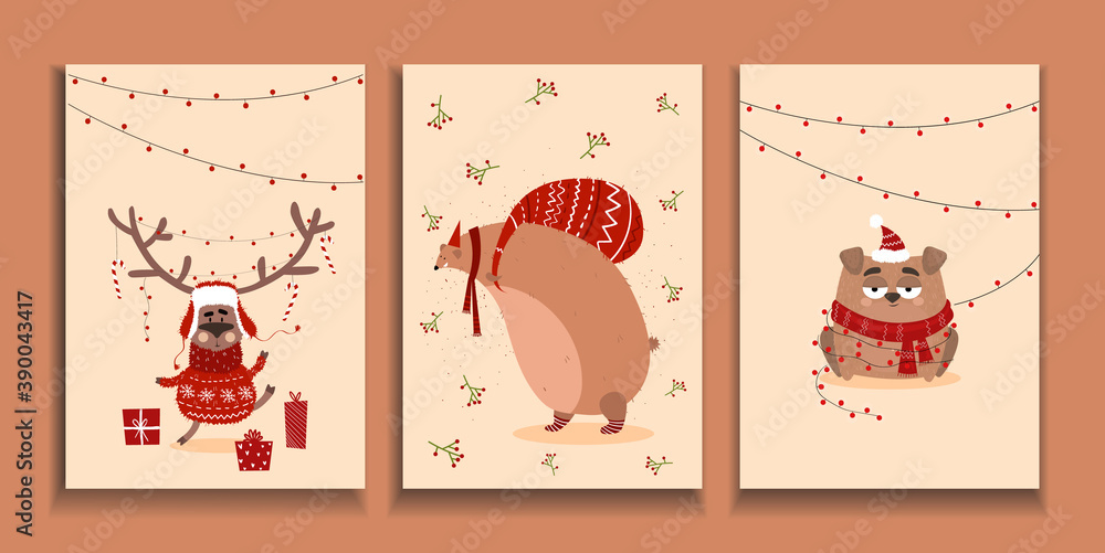 Christmas Cards. Christmas Background With Animals in Cartoon Style. Postcard with Deer, Bear, Dog