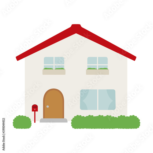 赤いポストがあるシンプルな二階建ての家のイラスト。