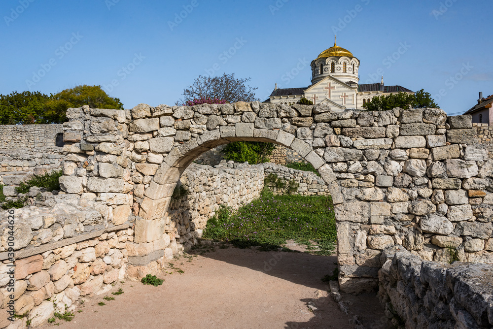 View of the ruins of the ancient Greek city of Chersonesos and  St. Vladimir Cathedral on the Crimean Peninsula