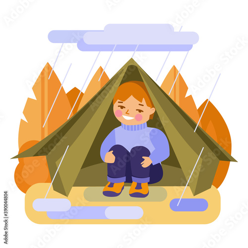 A boy in a tent is hiding from the rain. Vector illustration in flat style. Isolated on white.