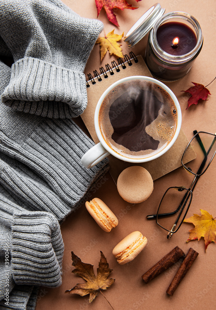 Beautiful and romantic autumn composition with  cup of coffee