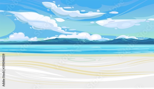 Sea beach. Landscape illustration. Pure light sand. Blue azure waves of the bay. On the horizon is a massive mountain range. Sky with clouds. Cartoon flat style. Vector