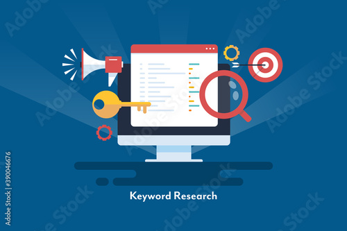 Finding keyword for website optimization, seo keyword search, keyword research software. Flat design web banner.