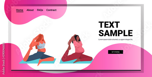 mix race pregnant women doing yoga fitness exercises training healthy lifestyle concept girls meditating together horizontal full length copy space vector illustration
