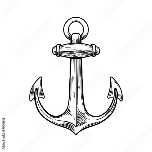 Illustration of anchor in engraving style. Design element for poster, card, banner, sign. Vector illustration
