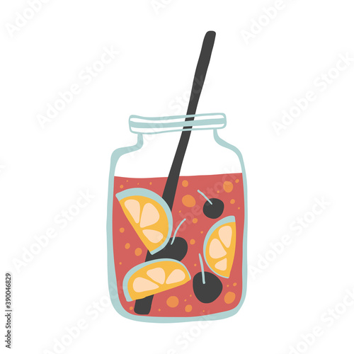 Smoothie in jar and glass in flat style.