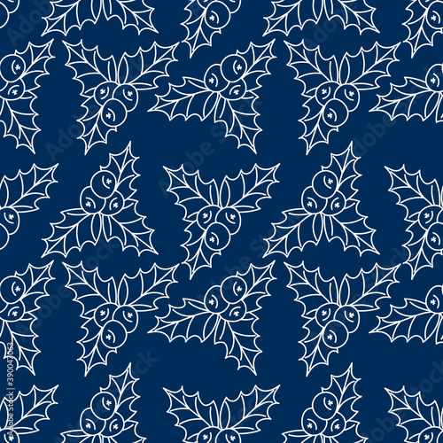 Holly leaves and berries seamless pattern. Holiday packaging, tablecloth, napkins . Hand drawn vector background.