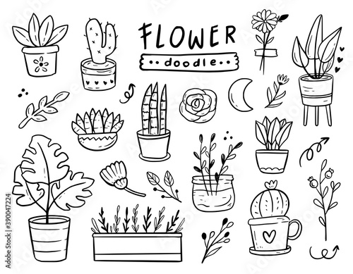 Potted plant doodle outline drawing set collection vector illustration