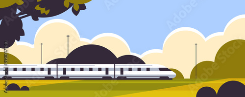 high speed train railway product goods shipping express delivery service concept horizontal landscape background vector illustration