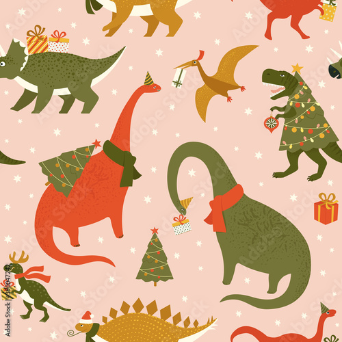 Dino Christmas Party Tree Rex. Dinosaur in Santa hat decorates Christmas tree garland lights. Vector illustration of funny character in cartoon flat style.